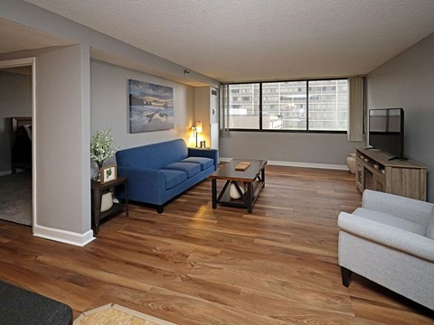 Newly Renovated Model Suite at Reserve Square in Cleveland OH - Living Area with Brand New Hard Surface Flooring